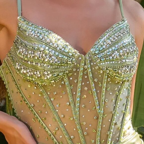 New Rhinestones Embellished Evening Satin Dress w/Lace Up Back & Boned GL3809 - Picture 6 of 13